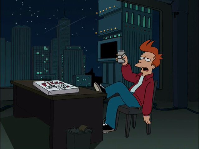 Futurama - Fry drinking a beer alone on New Year's Eve