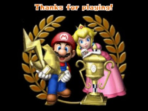 Mario Kart screen with Mario and Peach holding trophies. Text above says 'Thanks for playing!'