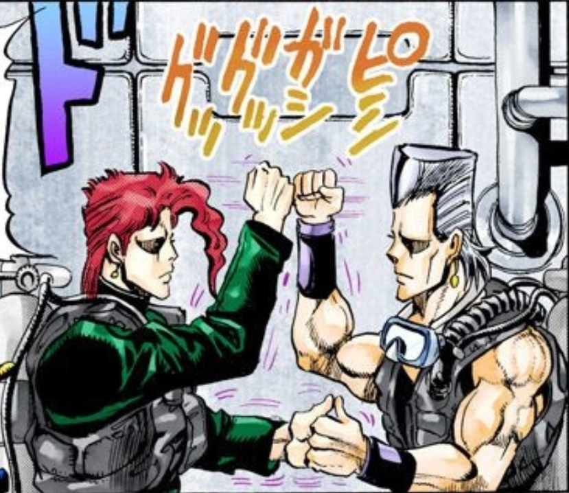 Polnareff and Kakyoin fist bumping