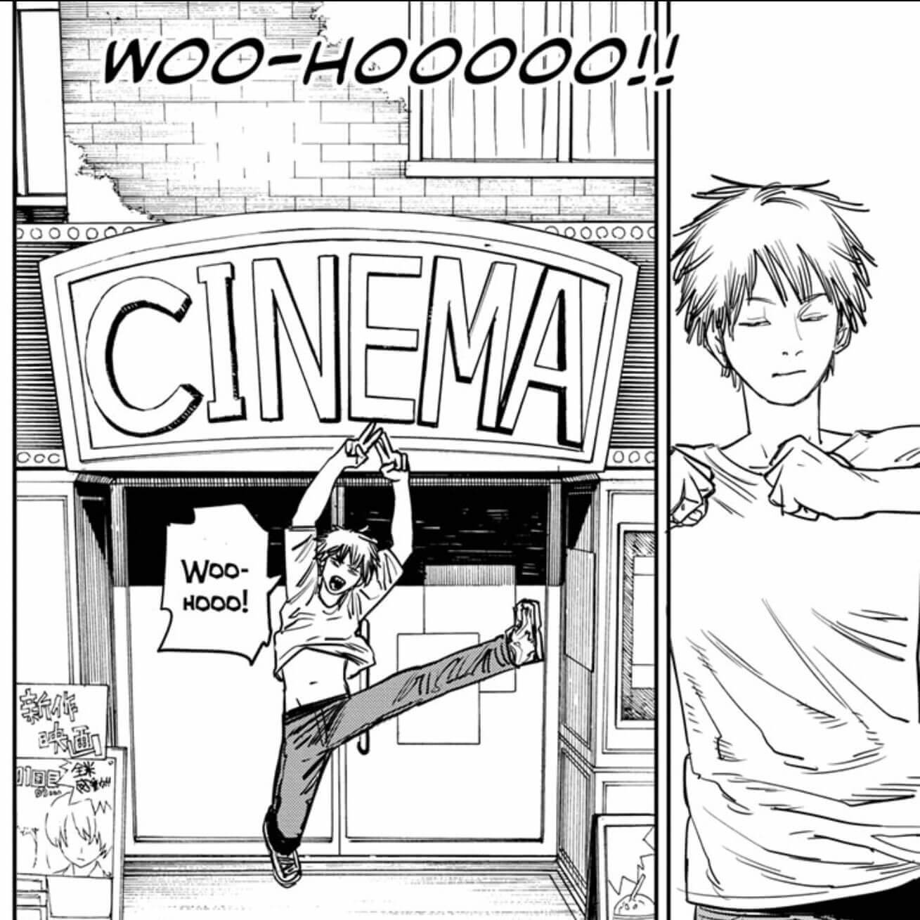 Denji jumping excitedly outside a cinema