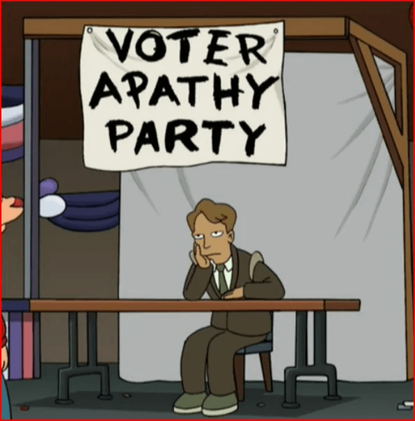 Futurama screenshot - bored man sitting at stand representing the 'VOTER APATHY PARTY'