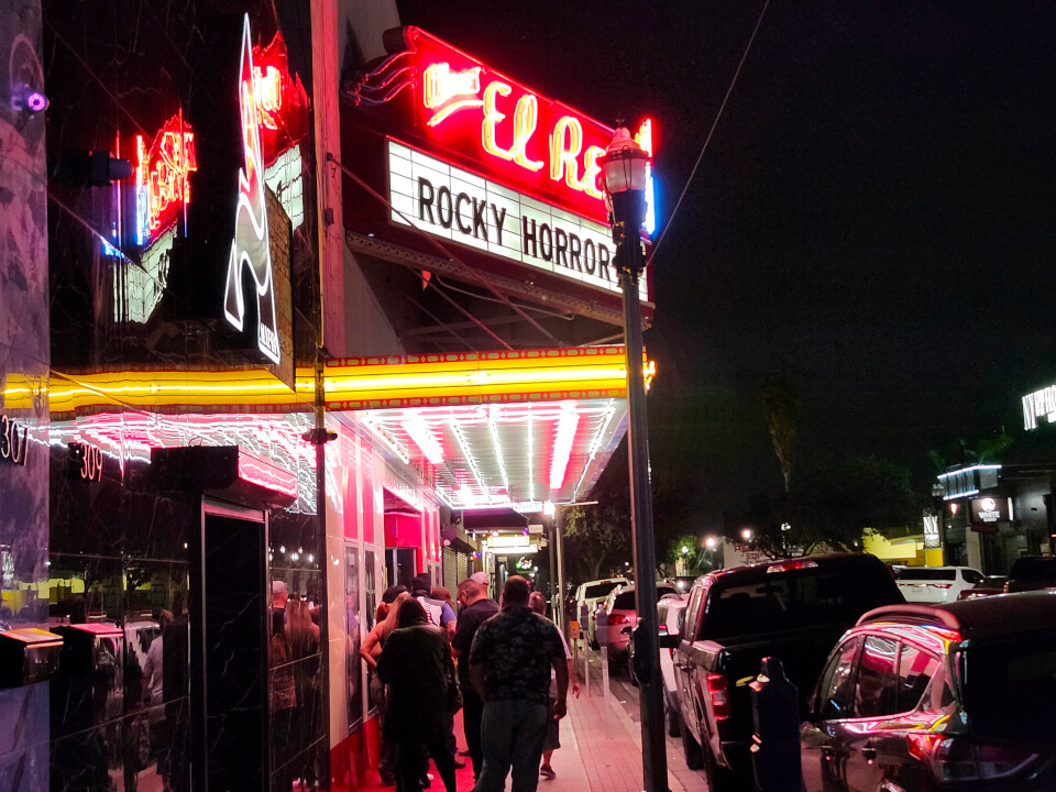 outdoor picture of theatre with sign saying 'Rocky Horror'